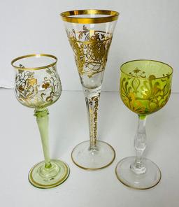 Lot of Early Moser Gold and Green Crystal Enameled Stemware
