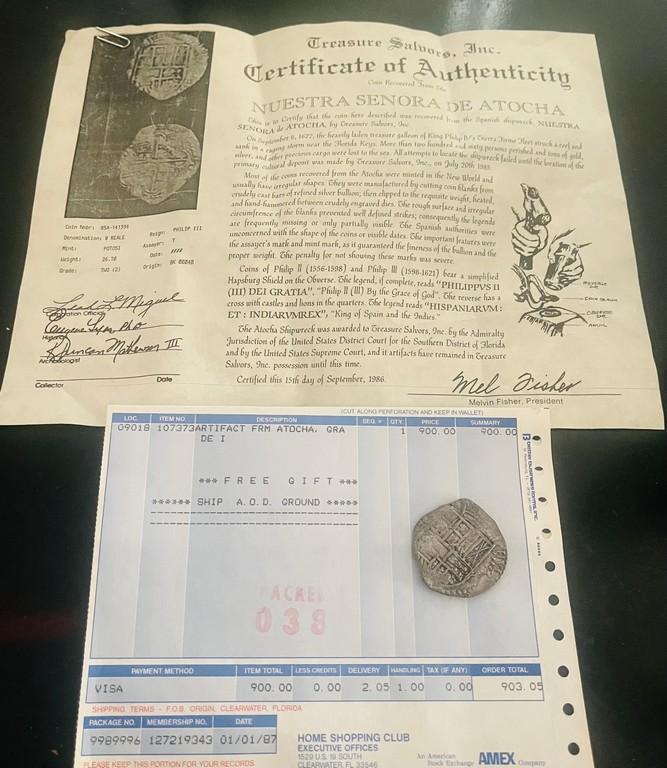Original Shipwreck Coin from The Nuestra Senora De Atocha with Certificate