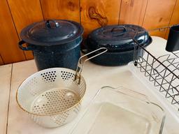 Enamel Roasting Pan and Metal Dish Drainer Lot