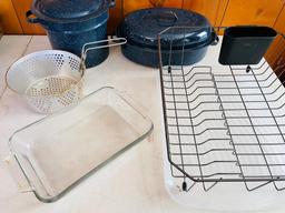 Enamel Roasting Pan and Metal Dish Drainer Lot