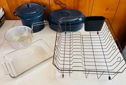 Enamel Roasting Pan and Metal Dish Drainer Lot