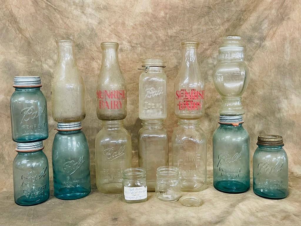 Box Lot Old Canning Jars & Milk Bottles