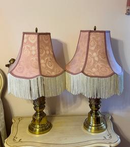 Pair Of Brass Table Lamps With Pink Cloth Shades With Fringe