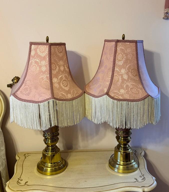 Pair Of Brass Table Lamps With Pink Cloth Shades With Fringe