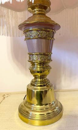 Pair Of Brass Table Lamps With Pink Cloth Shades With Fringe