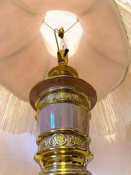 Pair Of Brass Table Lamps With Pink Cloth Shades With Fringe