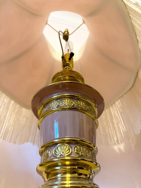 Pair Of Brass Table Lamps With Pink Cloth Shades With Fringe