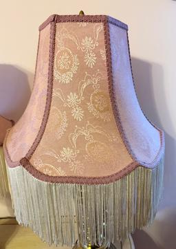 Pair Of Brass Table Lamps With Pink Cloth Shades With Fringe