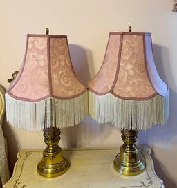 Pair Of Brass Table Lamps With Pink Cloth Shades With Fringe