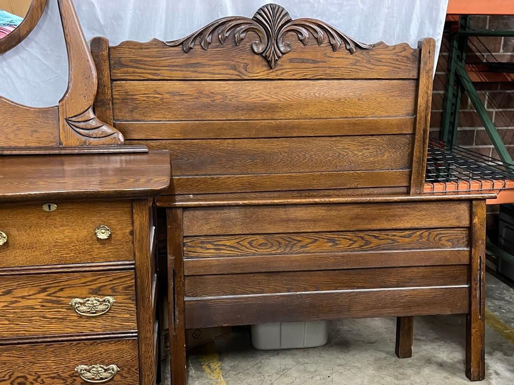 Antique Three-Quarter Oak Head and Foot with Side Rails and Dresser with Mirror