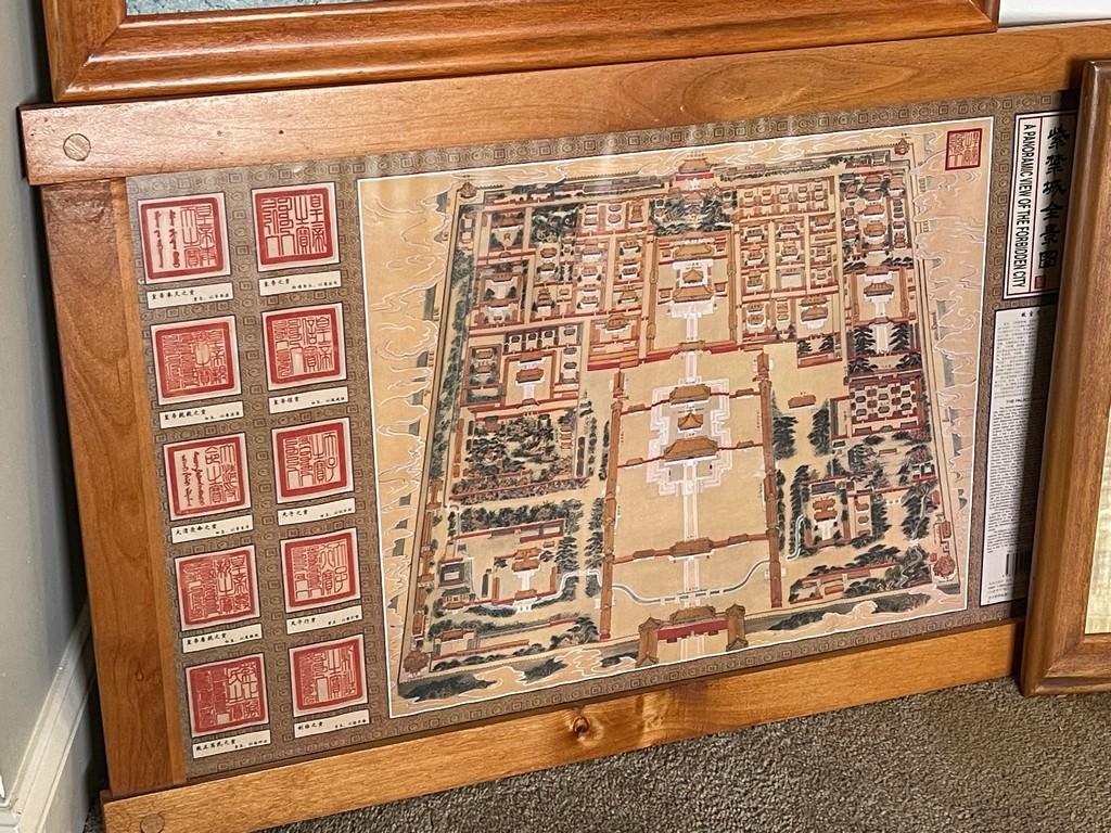 Forbidden City Color Pictorial Map & Hand painted Egyptian Calendar In Frame