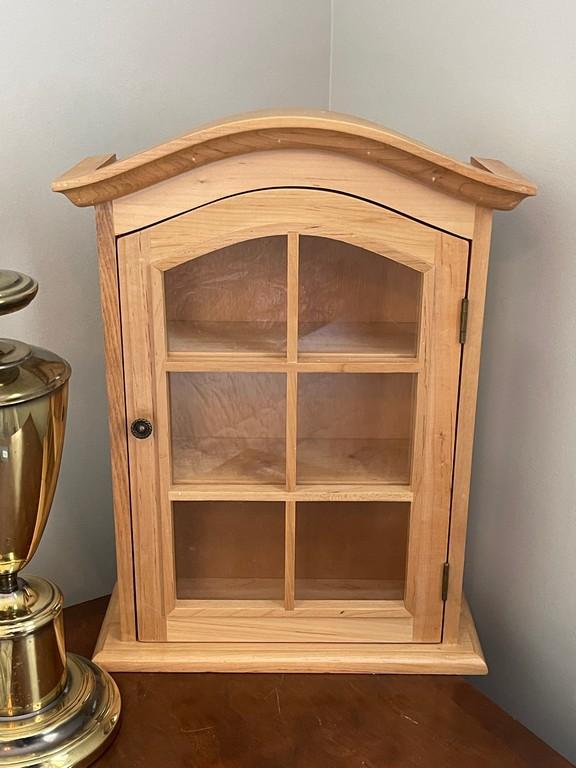 Pine Tabletop Display Cabinet & Brass Lamp