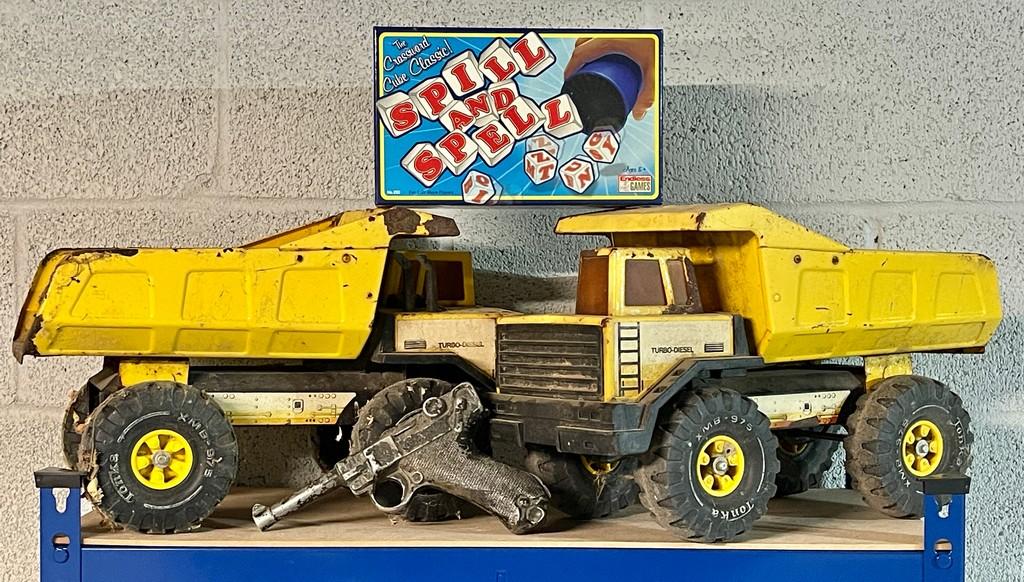 Toy Gun & 2 Tonka Dump Trucks