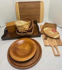 Tray Lot Wood Cutting Boards, Tray And Baskets