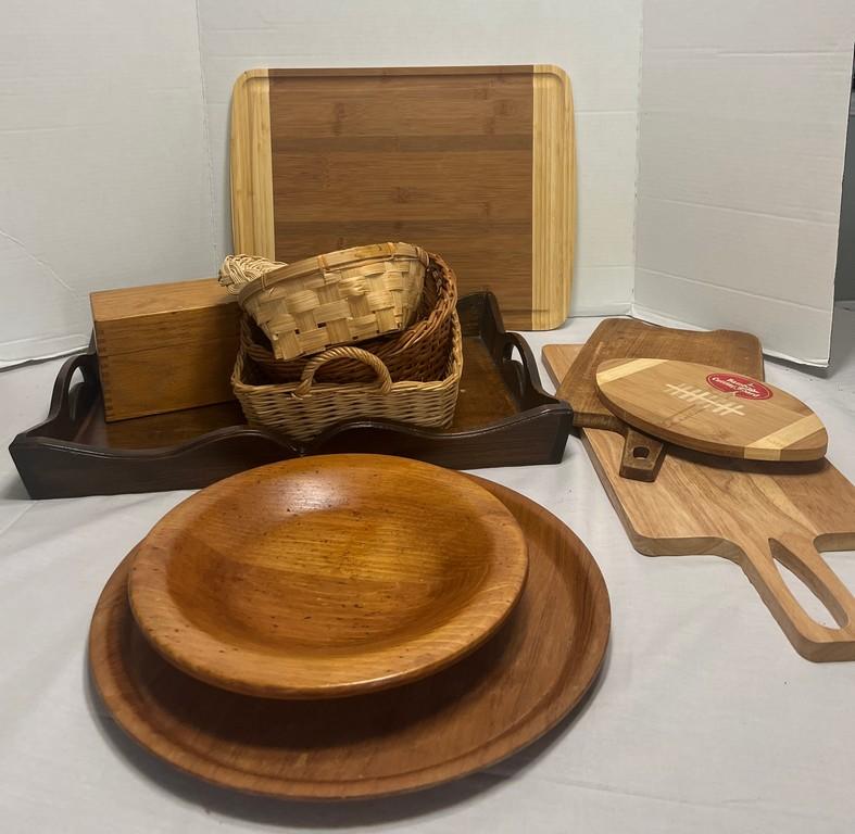 Tray Lot Wood Cutting Boards, Tray And Baskets