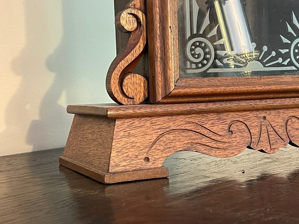 Small Wooden Mantle Clock with Decorative Design on Glass