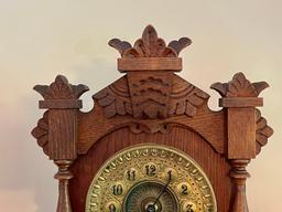 Small Ansonia Clock Co. Wooden Eight-Day Mantle Clock with Decorative Brass Face