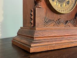 Small Ansonia Clock Co. Wooden Eight-Day Mantle Clock with Decorative Brass Face