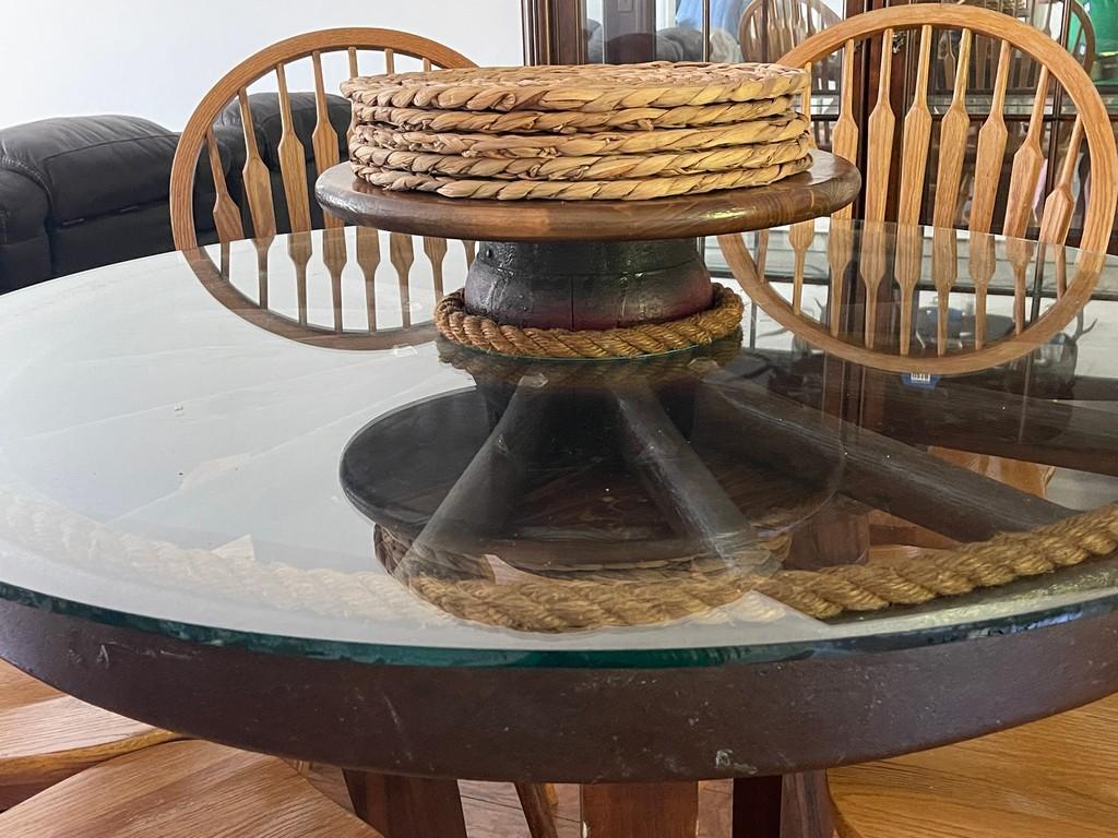 Hand-Made Wagon Wheel Table with Five Chairs