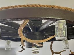 Hand-Made Wagon Wheel Chandelier with Seven Ball Jar Globes
