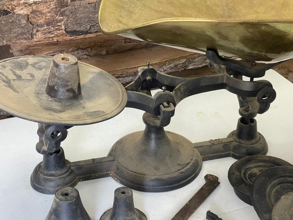 Antique Scale with Brass Pan and Weights