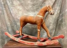 Antique Wool Covered Straw Stuffed & Wood Rocking Horse
