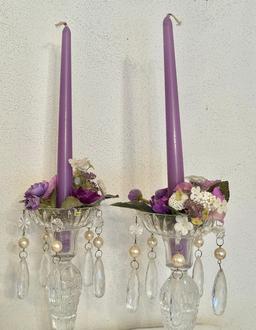 Pair of Cut Glass Candleholders with  Drip Catchers and a Pair of Pheasants