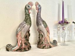 Pair of Cut Glass Candleholders with  Drip Catchers and a Pair of Pheasants
