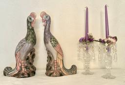 Pair of Cut Glass Candleholders with  Drip Catchers and a Pair of Pheasants
