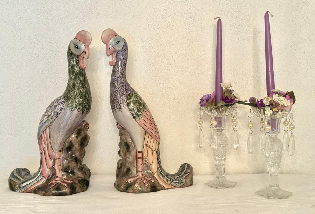 Pair of Cut Glass Candleholders with  Drip Catchers and a Pair of Pheasants