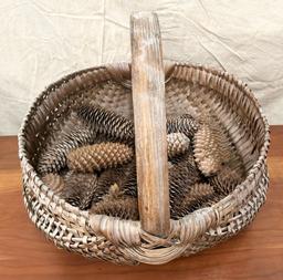 Large Antique Buttocks Basket With Pine Cones