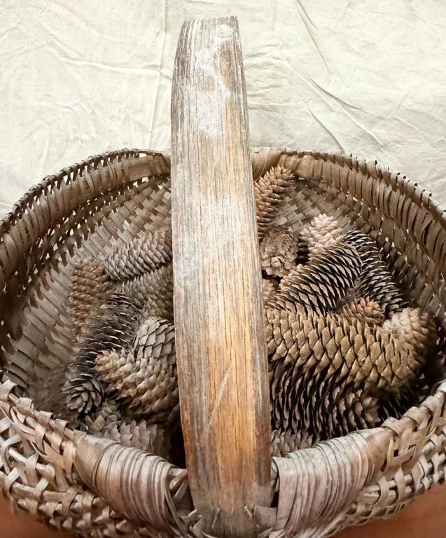 Large Antique Buttocks Basket With Pine Cones