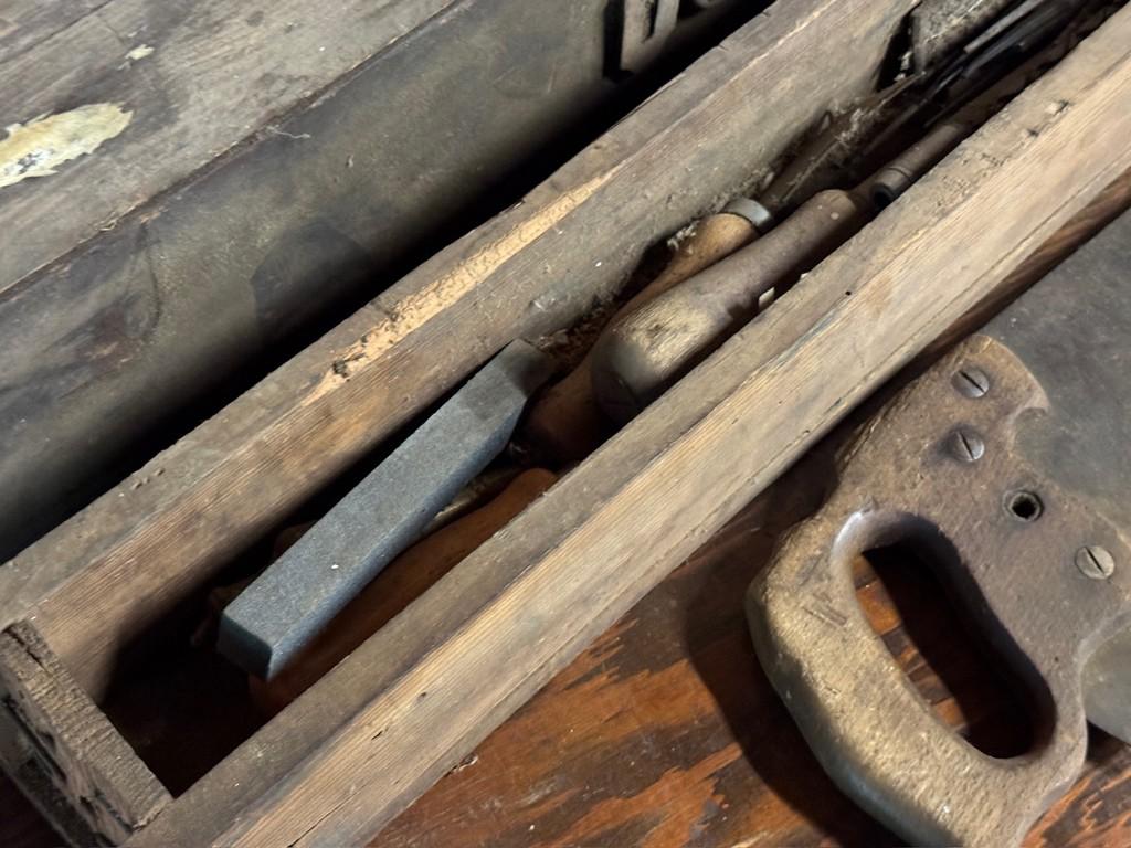 Antique Wooden Tool Chest With Some Tools