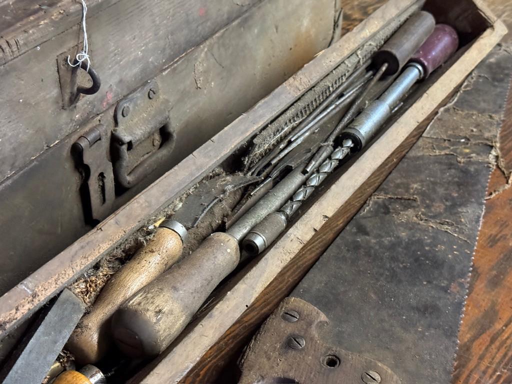 Antique Wooden Tool Chest With Some Tools