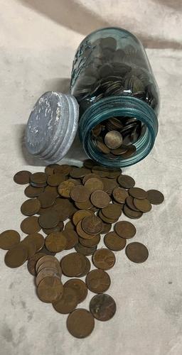 Quart Blue Jar Of Unsearched Wheat Pennies