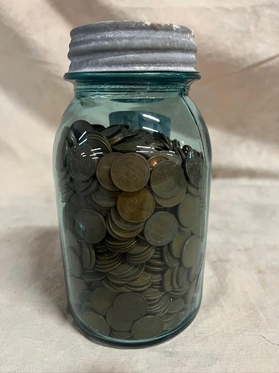 Quart Blue Jar Of Unsearched Wheat Pennies