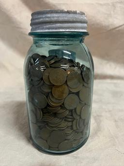Quart Blue Jar Of Unsearched Wheat Pennies