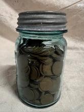 Blue Ball Jar Of Unsearched Wheat Pennies