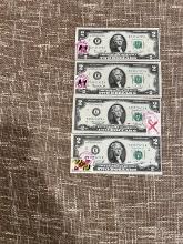(4) 1976 Bicentennial Two Dollar Bills With Stamps