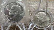 1776-1976 Silver Ike Dollar & 1964 Silver Kennedy Half Dollar