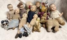 Assortment of Dolls, Stuffed Animals, Skeleton, Iron Figurine
