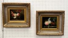 Pair of Heavily Ornate Oil on Canvas of Roses