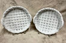 Pair of White Ceramic Woven Baskets with Double Handles