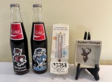 Collector Bottles, WSIC Radio Thermometer and Coin Tray
