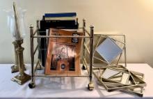 Brass Magazine Holder and Two Globed Candleholders