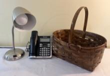 Chrome Desk Lamp, Cordless Telephone and Old Basket
