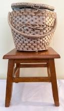Wooden Step Stool with Carrying Hole and Sewing Basket