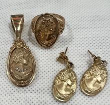 Vintage Stunning Gold Cameo Earring, Ring, and Pendant Set