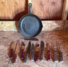 Cast Iron #8 Skillet USA and Knives