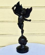 Victorian Bronze Winged Cherub Holding Torch